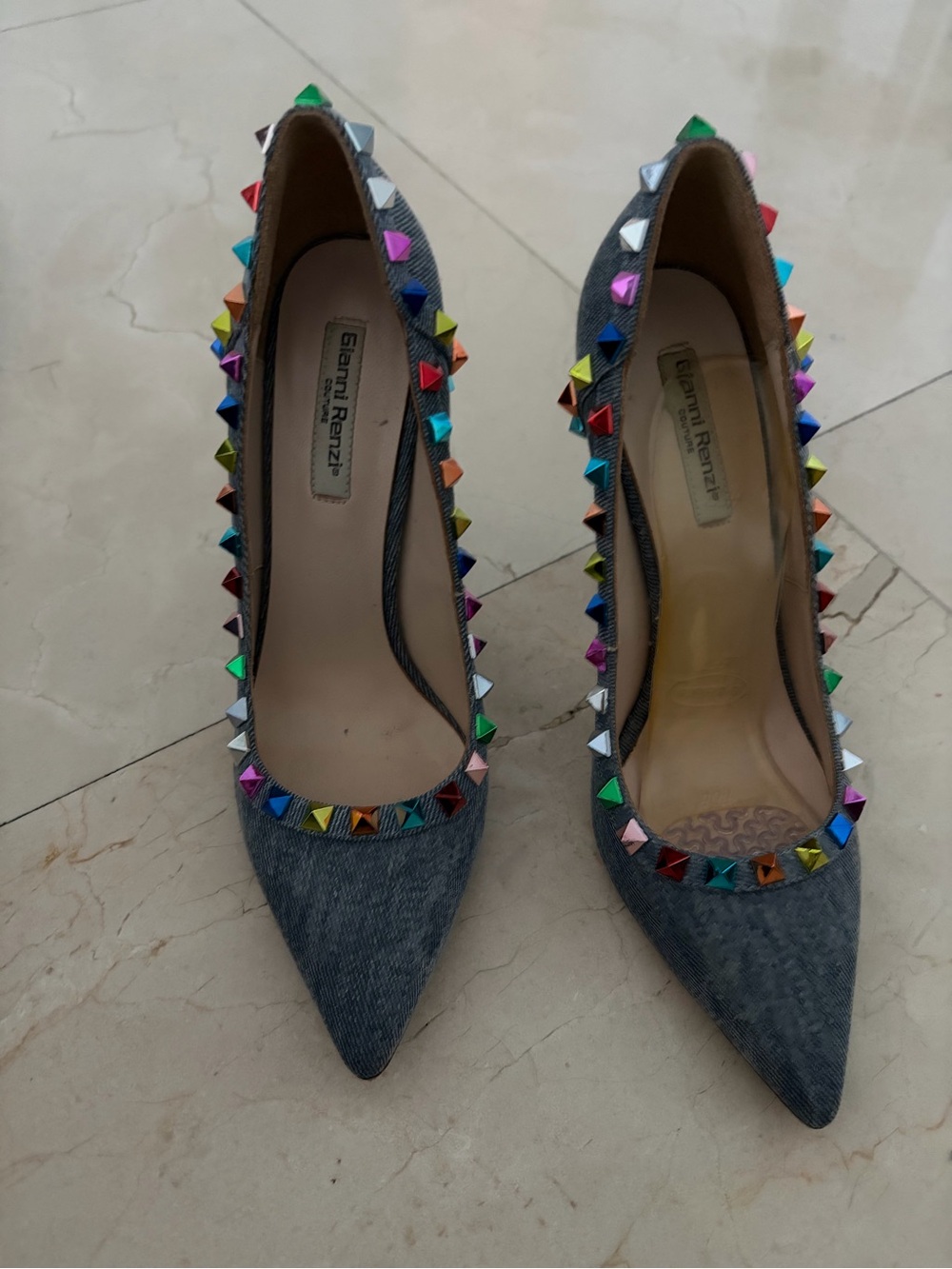 Denim Pointed Toe Stud Pumps in Multicolor